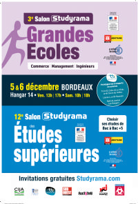 Studyrama organise à Bordeaux Le 12eme Salon des Etudes Supérieures et Le 3eme Salon des Grandes Ecoles. Du 5 au 6 décembre 2014 à Bordeaux. Gironde.  13H00